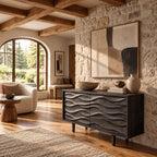 Contemporary Wood Sideboard With Carved Wave Front Panels For Living Room