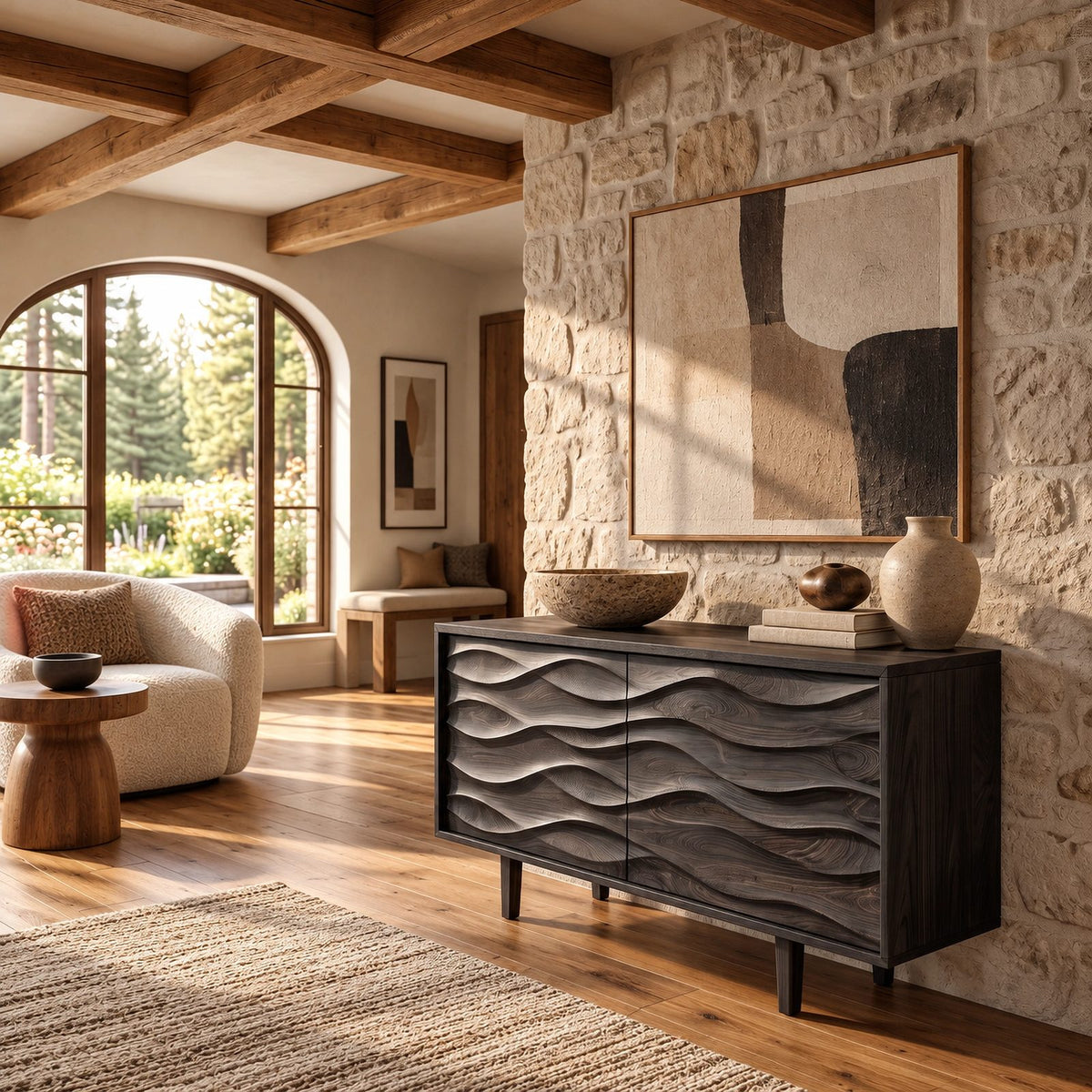 Contemporary Wood Sideboard With Carved Wave Front Panels For Living Room