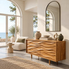 Contemporary Wood Sideboard With Carved Wave Front Panels For Living Room