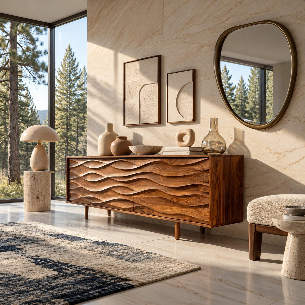 Contemporary Wood Sideboard With Carved Wave Front Panels For Living Room