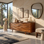 Contemporary Wood Sideboard With Carved Wave Front Panels For Living Room