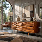 Contemporary Wood Sideboard With Carved Wave Front Panels For Living Room