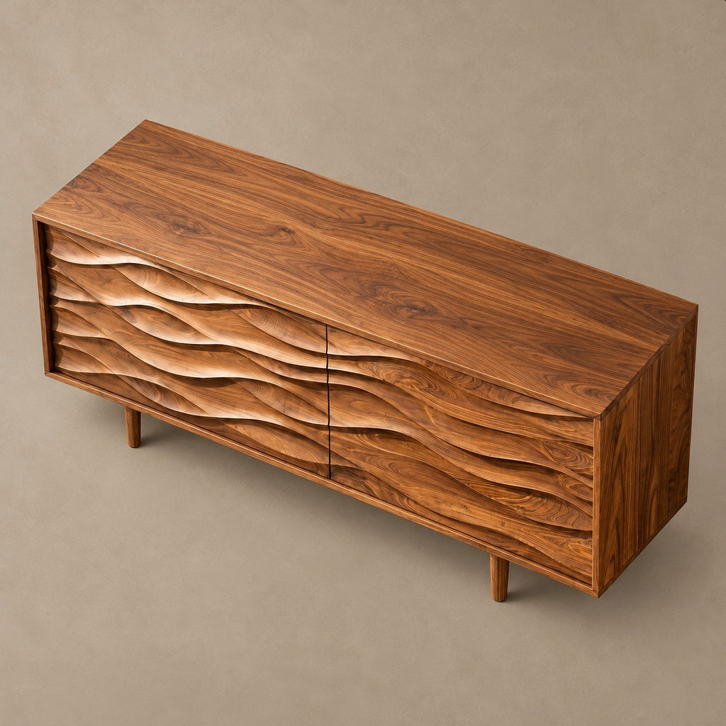 Contemporary Wood Sideboard With Carved Wave Front Panels For Living Room