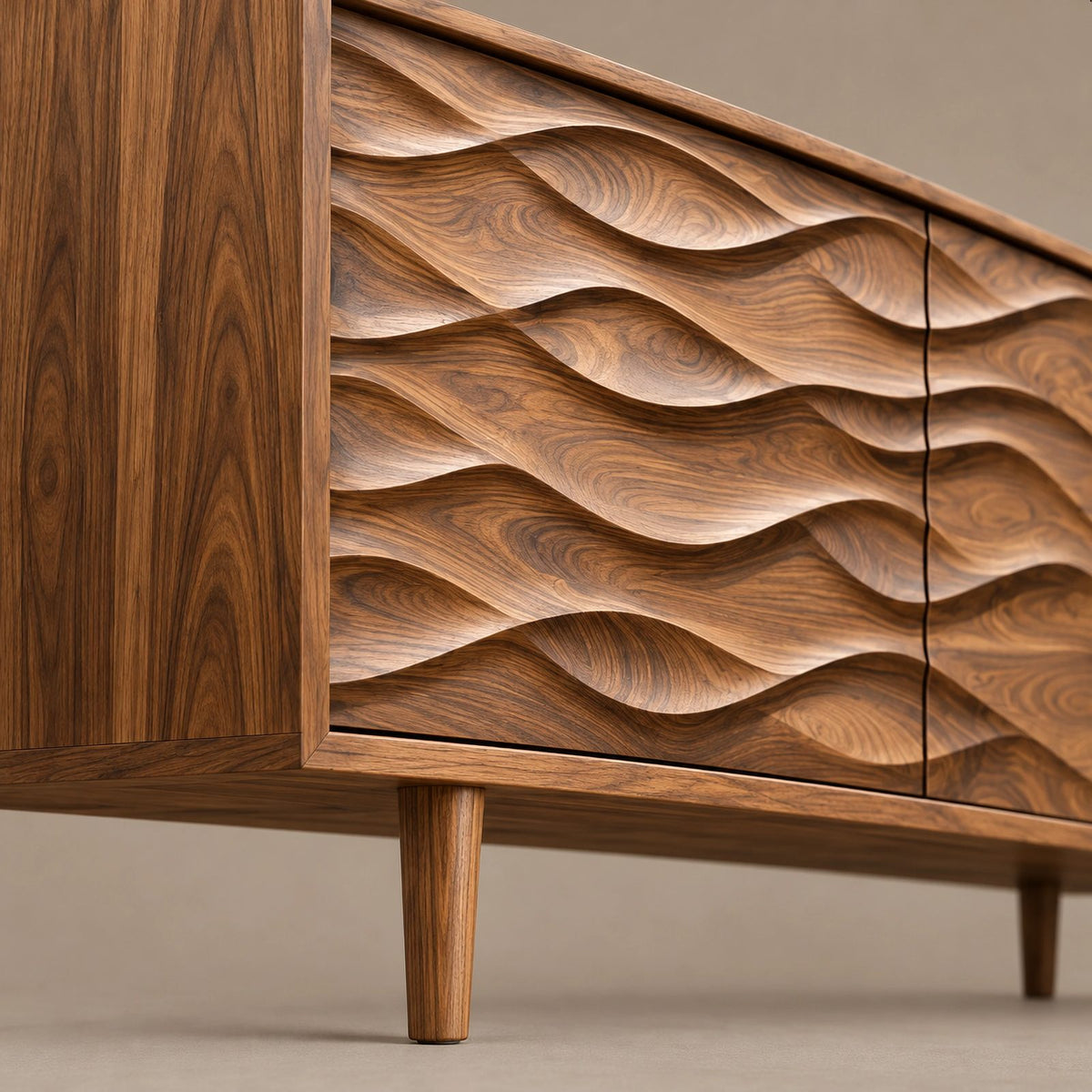 Contemporary Wood Sideboard With Carved Wave Front Panels For Living Room