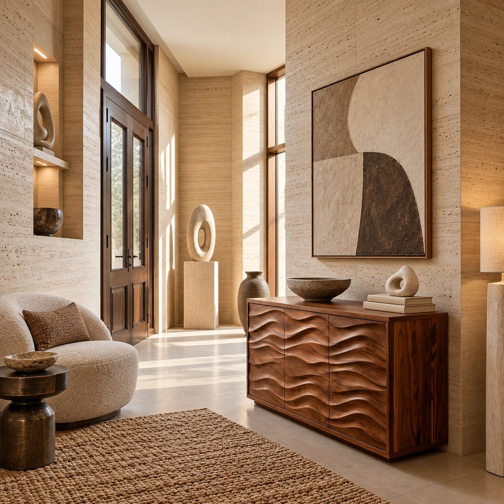 Sculptural Wood Sideboard With Vertical Wave Doors For Entryway