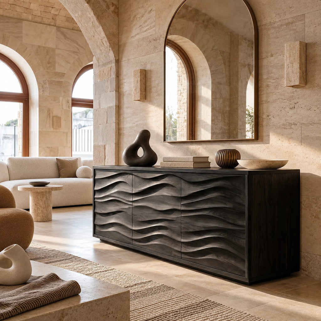 Sculptural Wood Sideboard With Vertical Wave Doors For Entryway