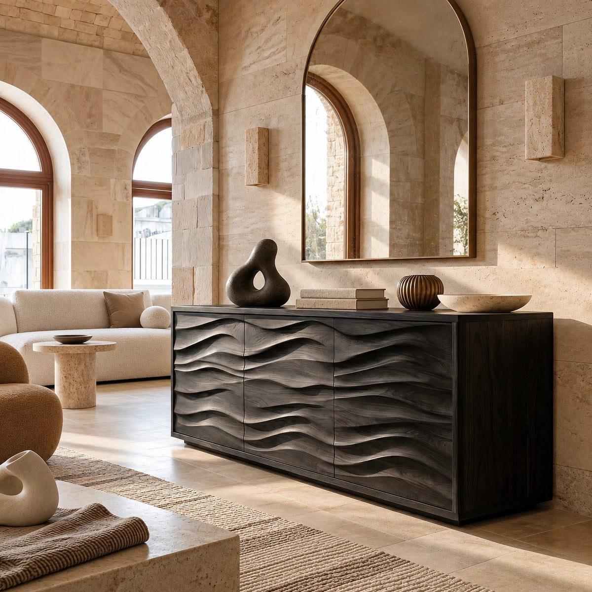 Sculptural Wood Sideboard With Vertical Wave Doors For Entryway