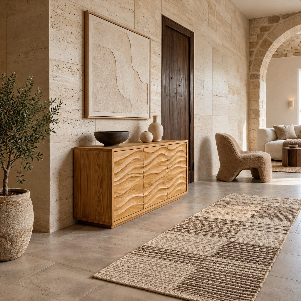 Sculptural Wood Sideboard With Vertical Wave Doors For Entryway