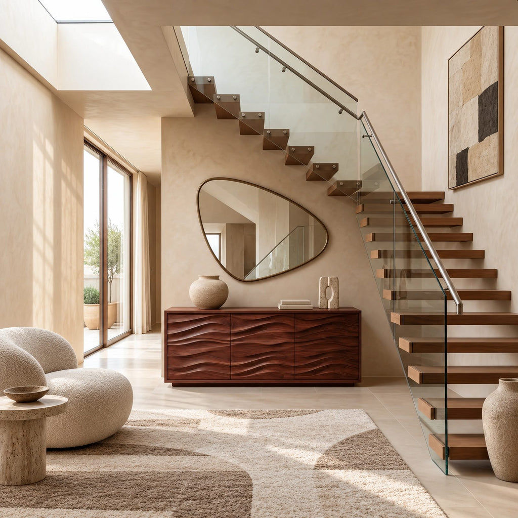 Sculptural Wood Sideboard With Vertical Wave Doors For Entryway
