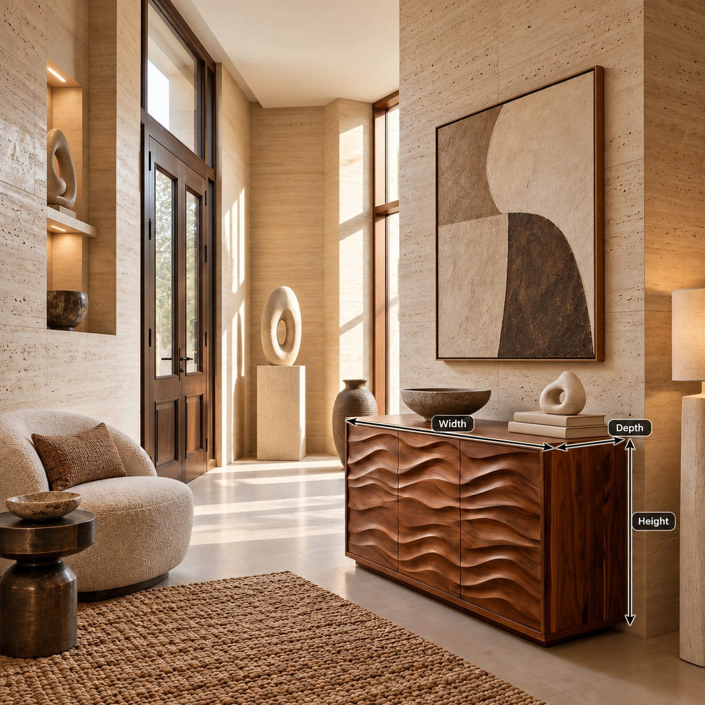Sculptural Wood Sideboard With Vertical Wave Doors For Entryway