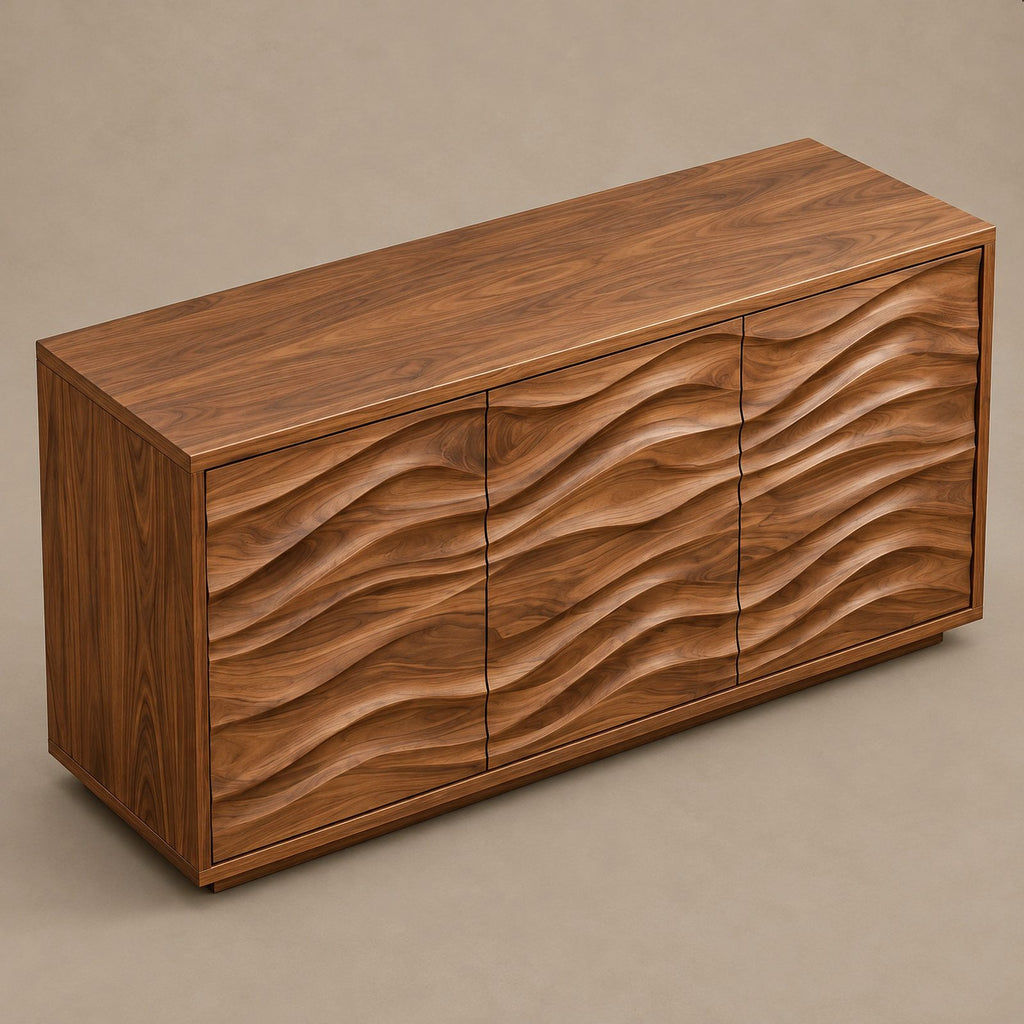 Sculptural Wood Sideboard With Vertical Wave Doors For Entryway