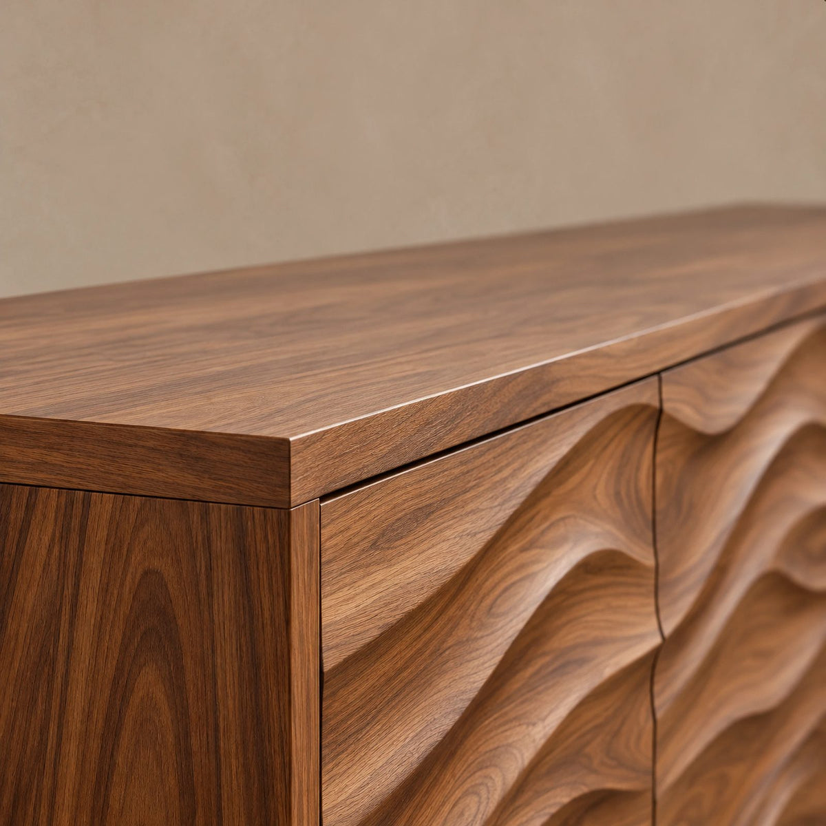 Sculptural Wood Sideboard With Vertical Wave Doors For Entryway