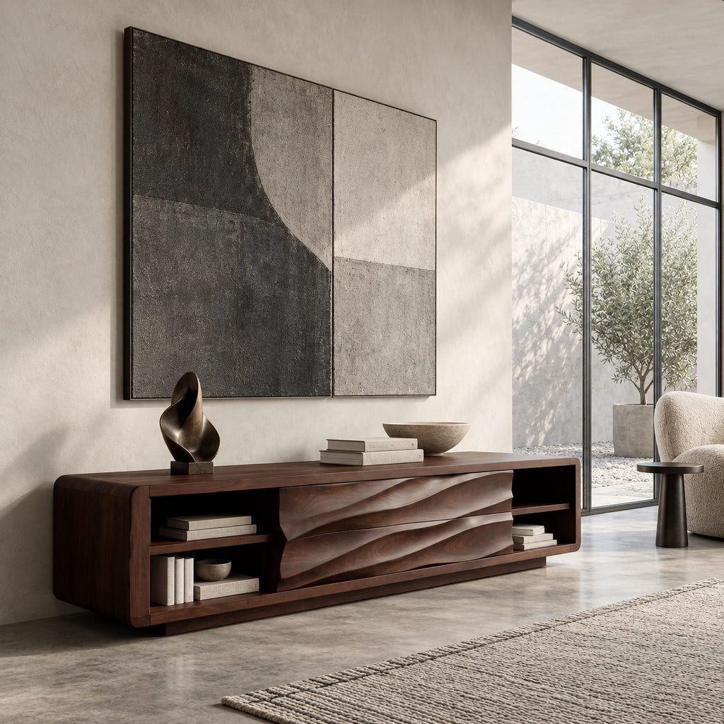 Contemporary Wood TV Stand With Sculpted Wave Drawers For Living Room