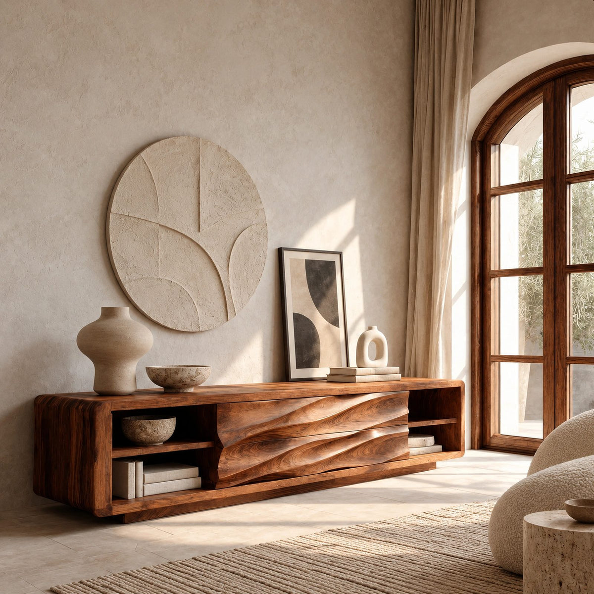 Contemporary Wood TV Stand With Sculpted Wave Drawers For Living Room