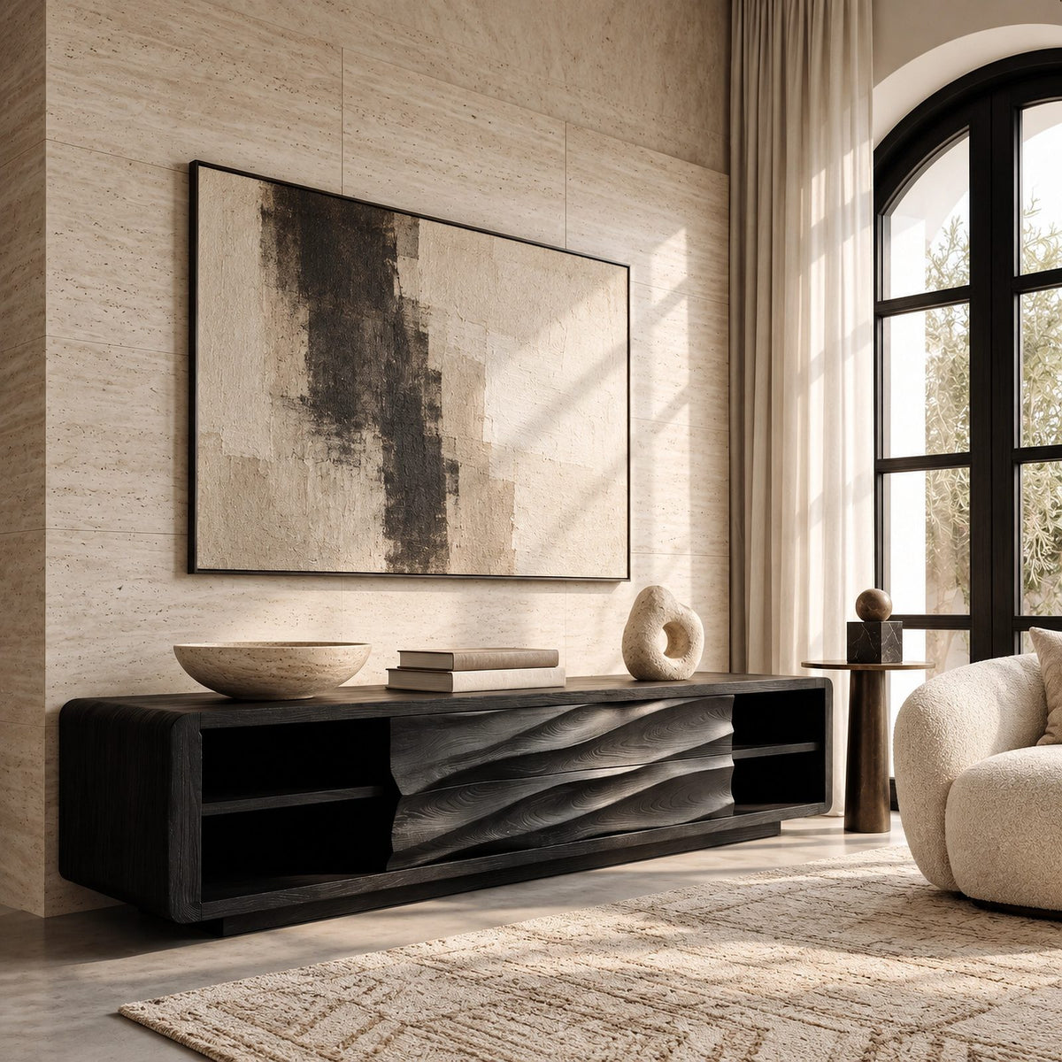 Contemporary Wood TV Stand With Sculpted Wave Drawers For Living Room