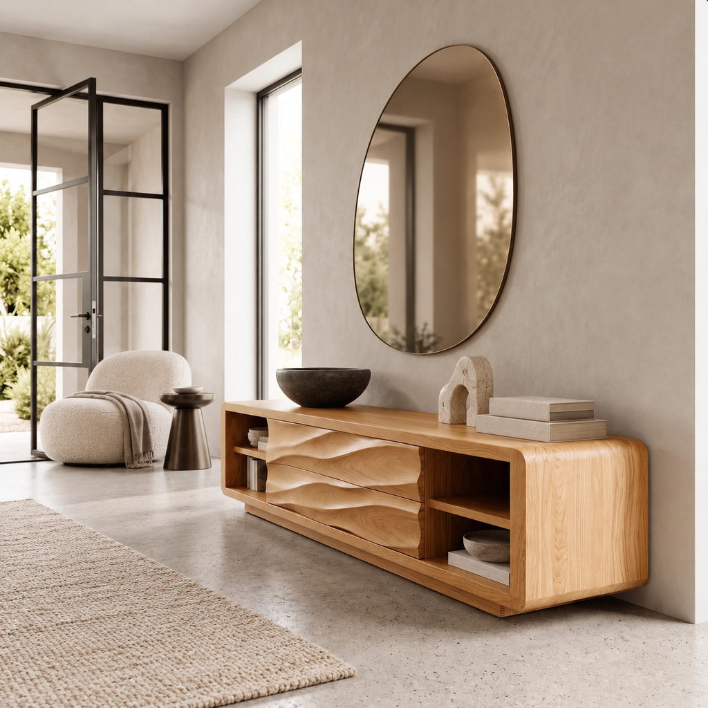 Contemporary Wood TV Stand With Sculpted Wave Drawers For Living Room