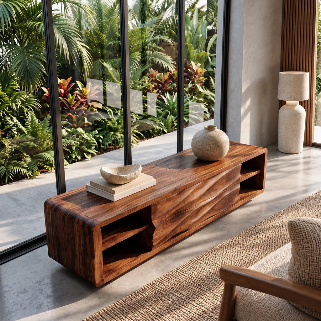 Contemporary Wood TV Stand With Sculpted Wave Drawers For Living Room