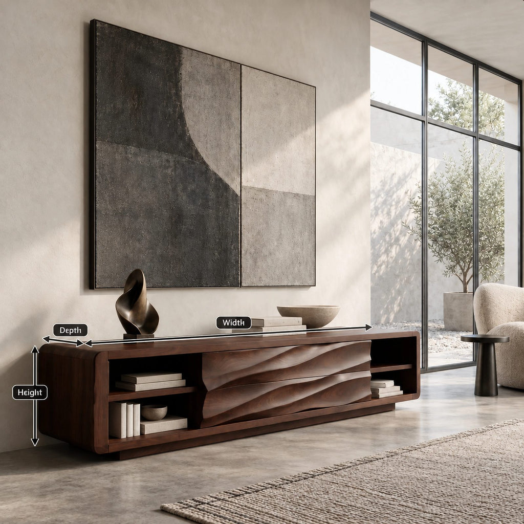 Contemporary Wood TV Stand With Sculpted Wave Drawers For Living Room