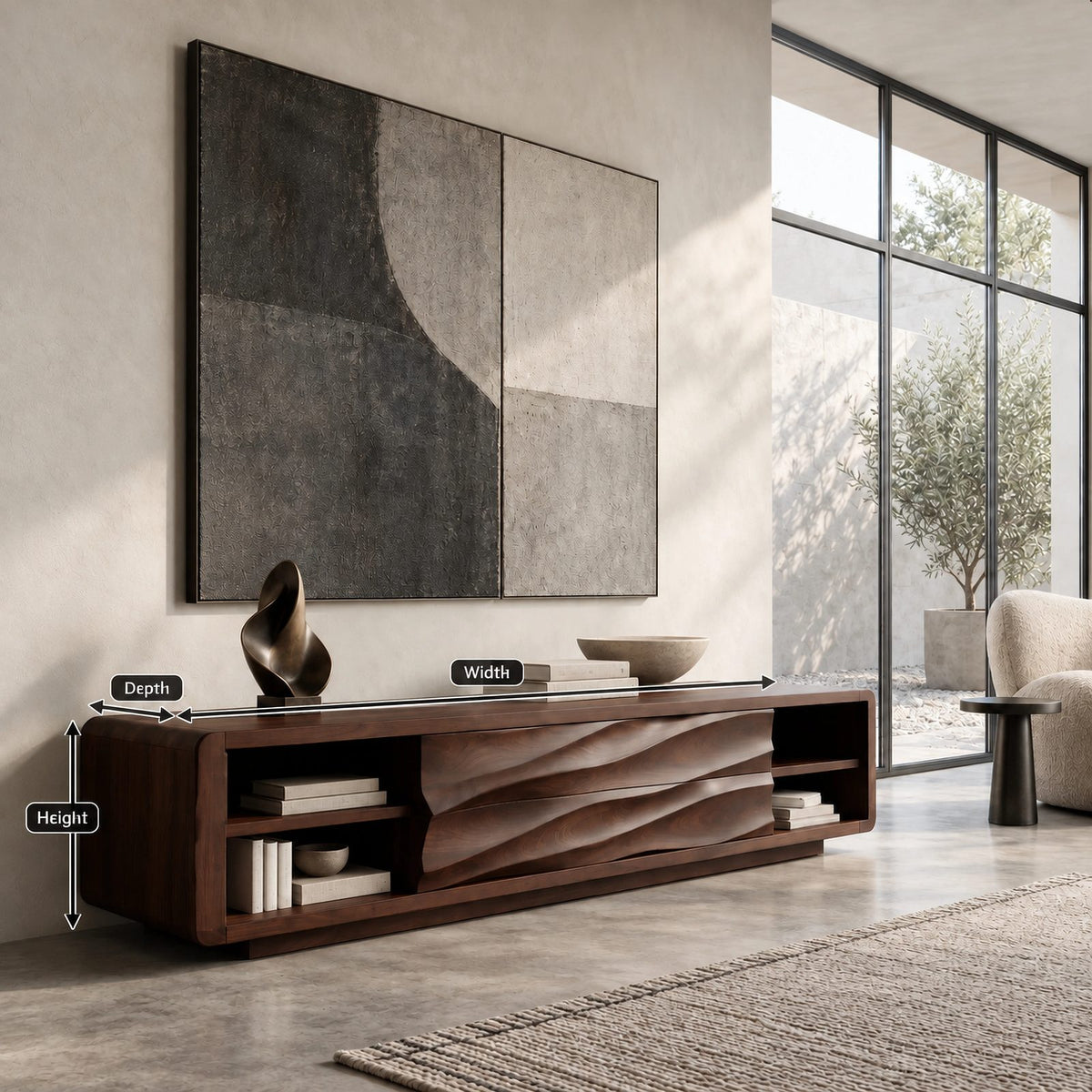 Contemporary Wood TV Stand With Sculpted Wave Drawers For Living Room