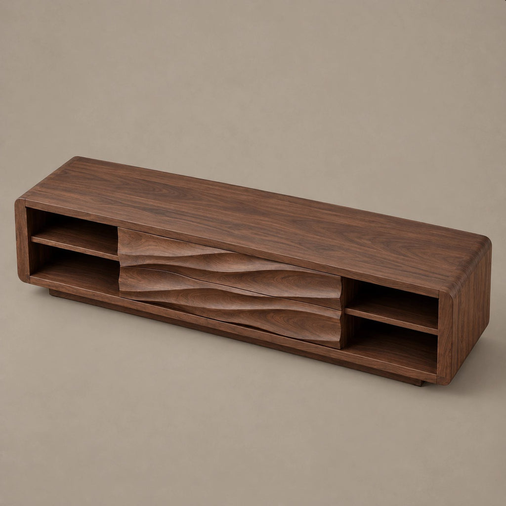 Contemporary Wood TV Stand With Sculpted Wave Drawers For Living Room