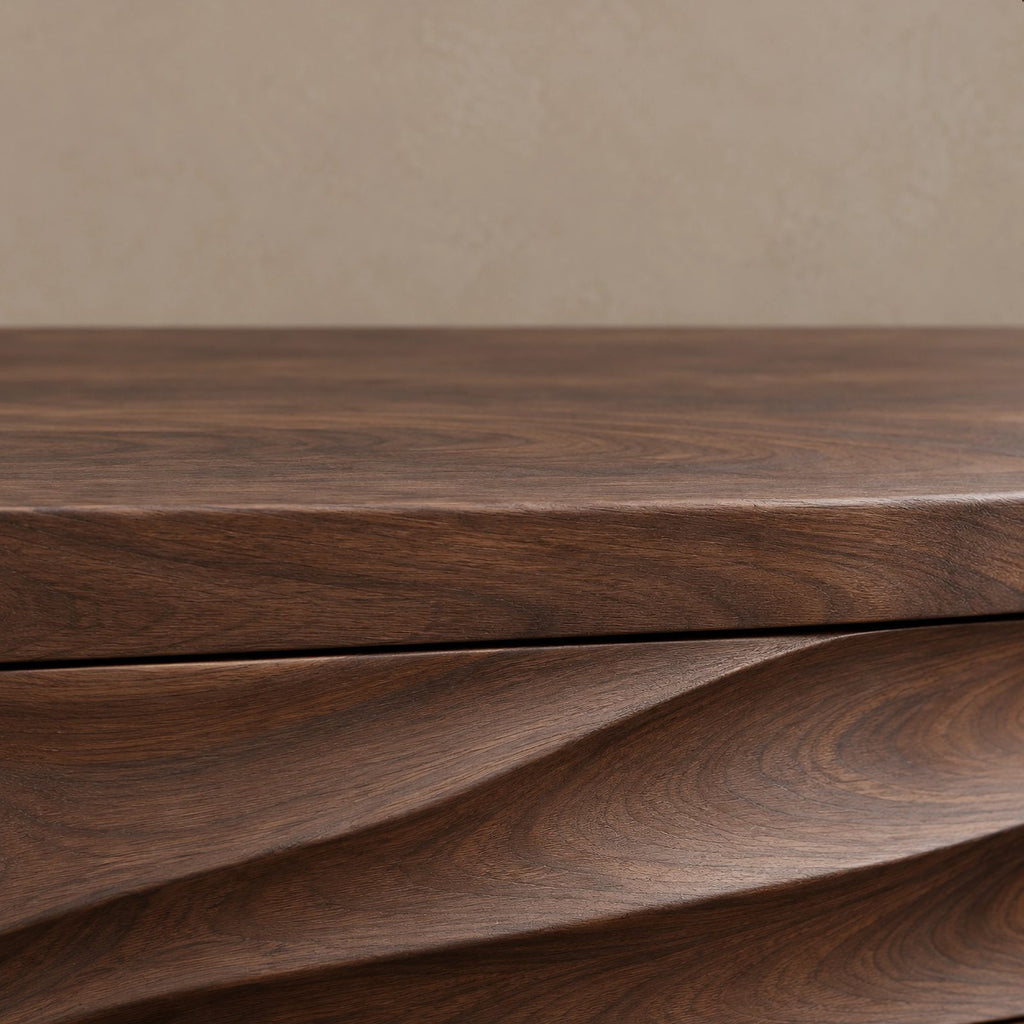 Contemporary Wood TV Stand With Sculpted Wave Drawers For Living Room