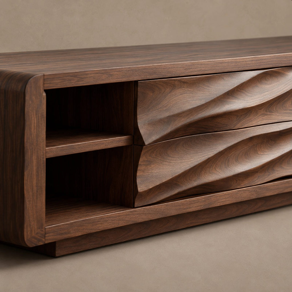 Contemporary Wood TV Stand With Sculpted Wave Drawers For Living Room