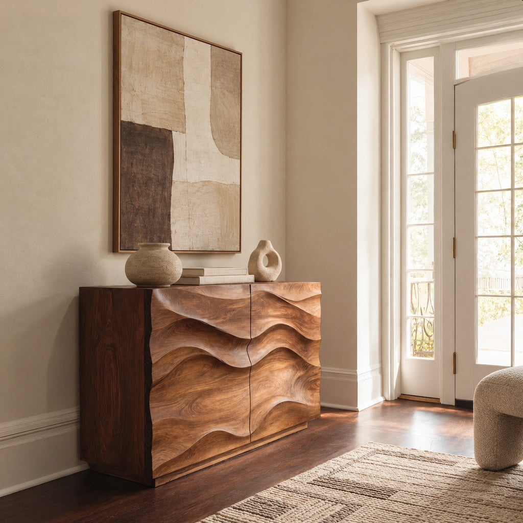 Handcrafted Wood Sideboard With Sculptural Carved Doors For Entryway
