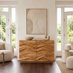 Handcrafted Wood Sideboard With Sculptural Carved Doors For Entryway