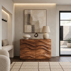 Handcrafted Wood Sideboard With Sculptural Carved Doors For Entryway