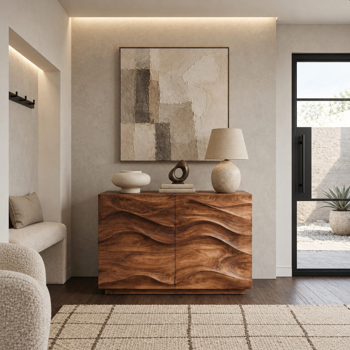 Handcrafted Wood Sideboard With Sculptural Carved Doors For Entryway