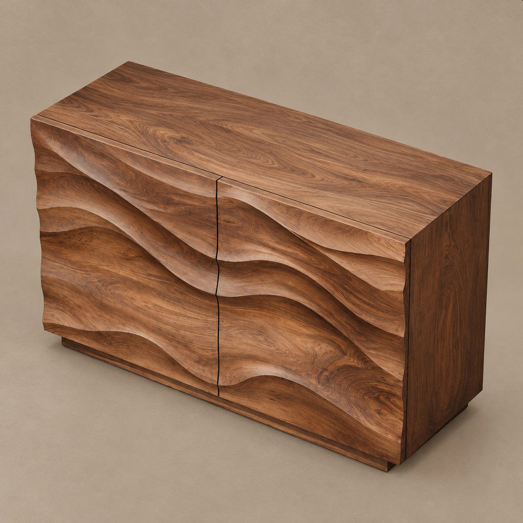 Handcrafted Wood Sideboard With Sculptural Carved Doors For Entryway