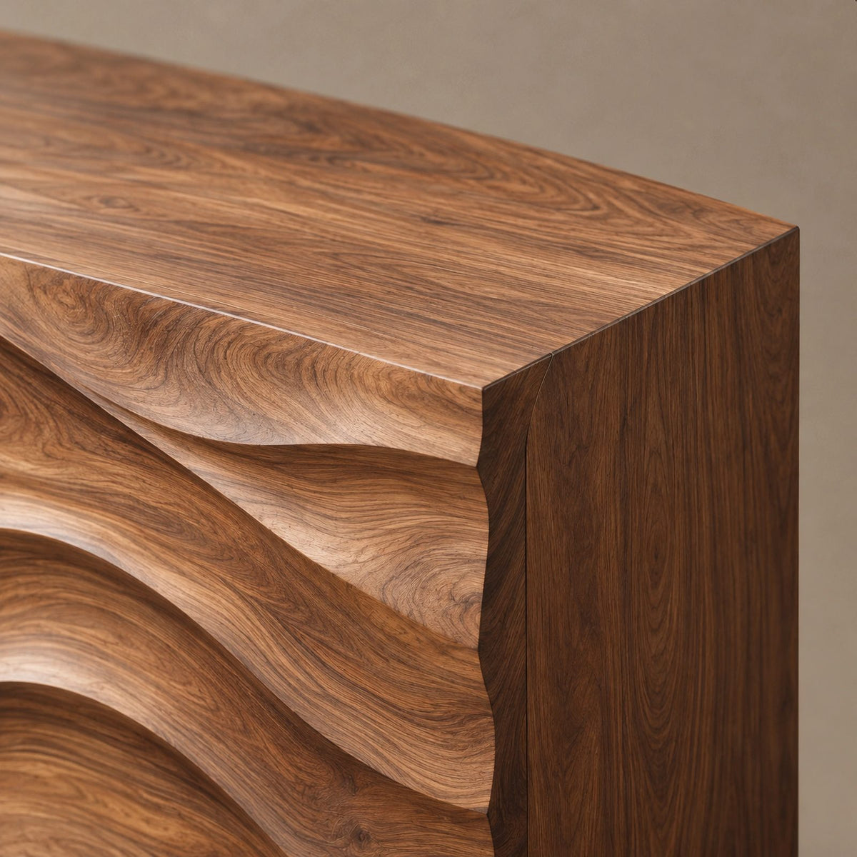 Handcrafted Wood Sideboard With Sculptural Carved Doors For Entryway