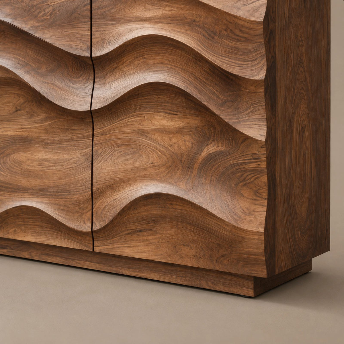 Handcrafted Wood Sideboard With Sculptural Carved Doors For Entryway