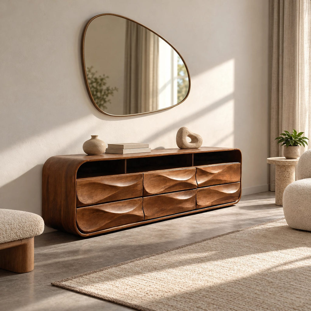 Farmhouse Wood Sideboard With Sculpted Wave Drawer Fronts For Living Room
