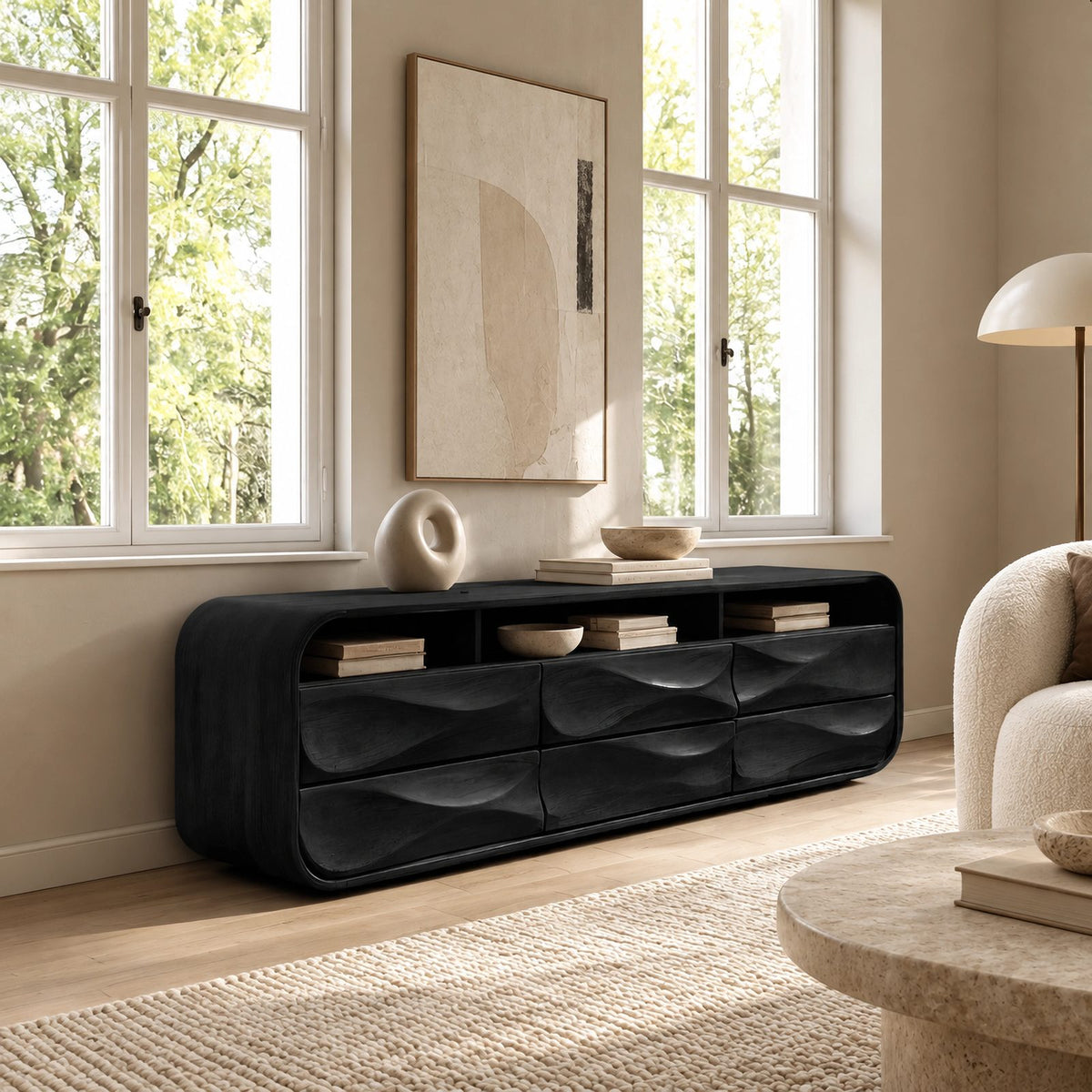 Farmhouse Wood Sideboard With Sculpted Wave Drawer Fronts For Living Room