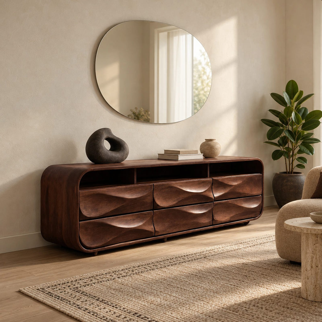 Farmhouse Wood Sideboard With Sculpted Wave Drawer Fronts For Living Room