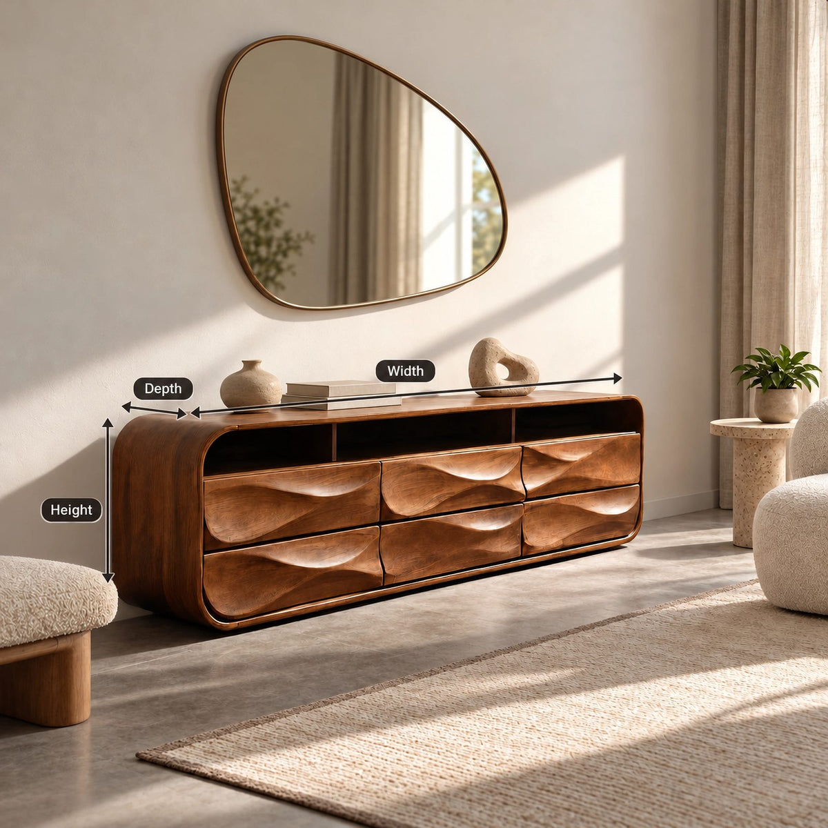 Farmhouse Wood Sideboard With Sculpted Wave Drawer Fronts For Living Room