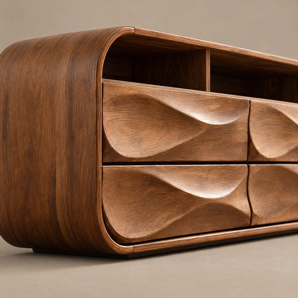 Farmhouse Wood Sideboard With Sculpted Wave Drawer Fronts For Living Room