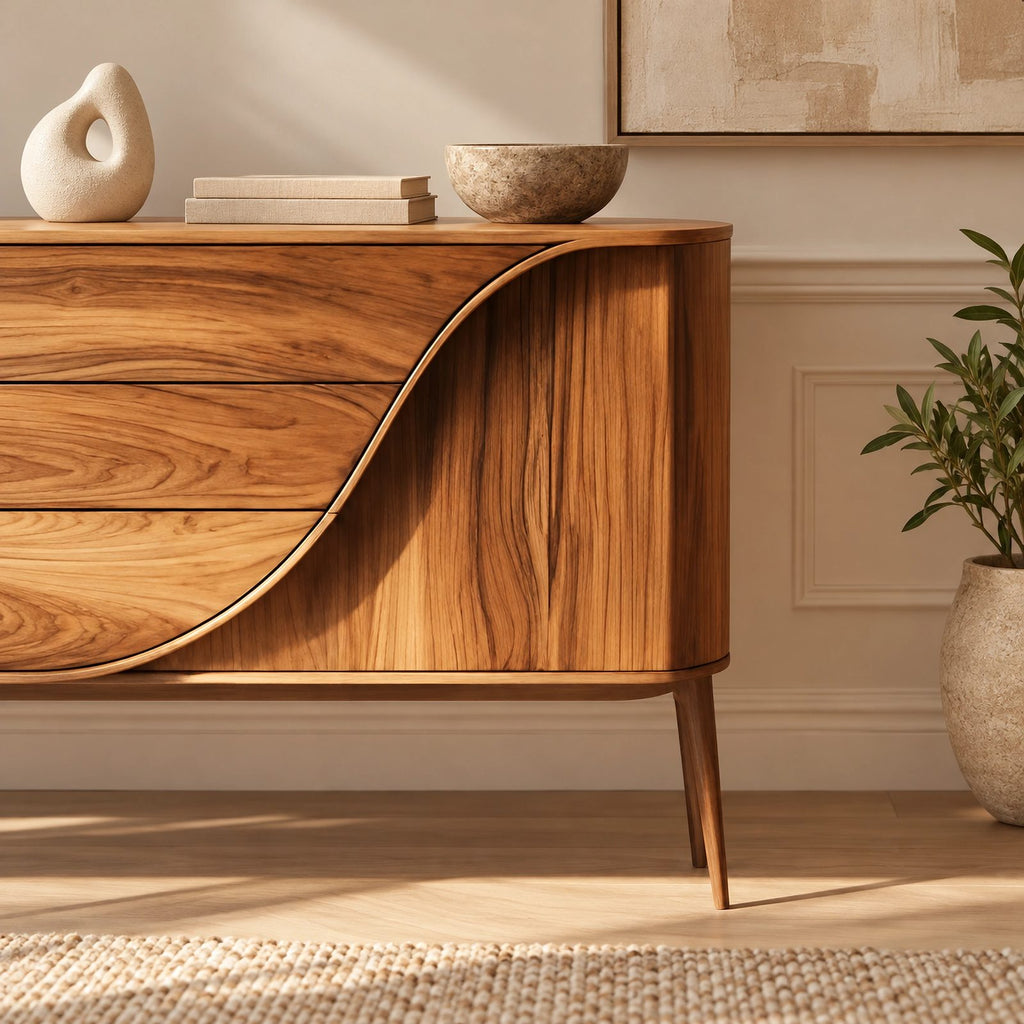 Mid Century Wood Sideboard With Curved Drawer Front For Living Room