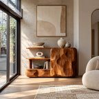 Organic Wood Sideboard With Sculptural Door And Open Shelf For Living Room