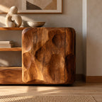 Organic Wood Sideboard With Sculptural Door And Open Shelf For Living Room