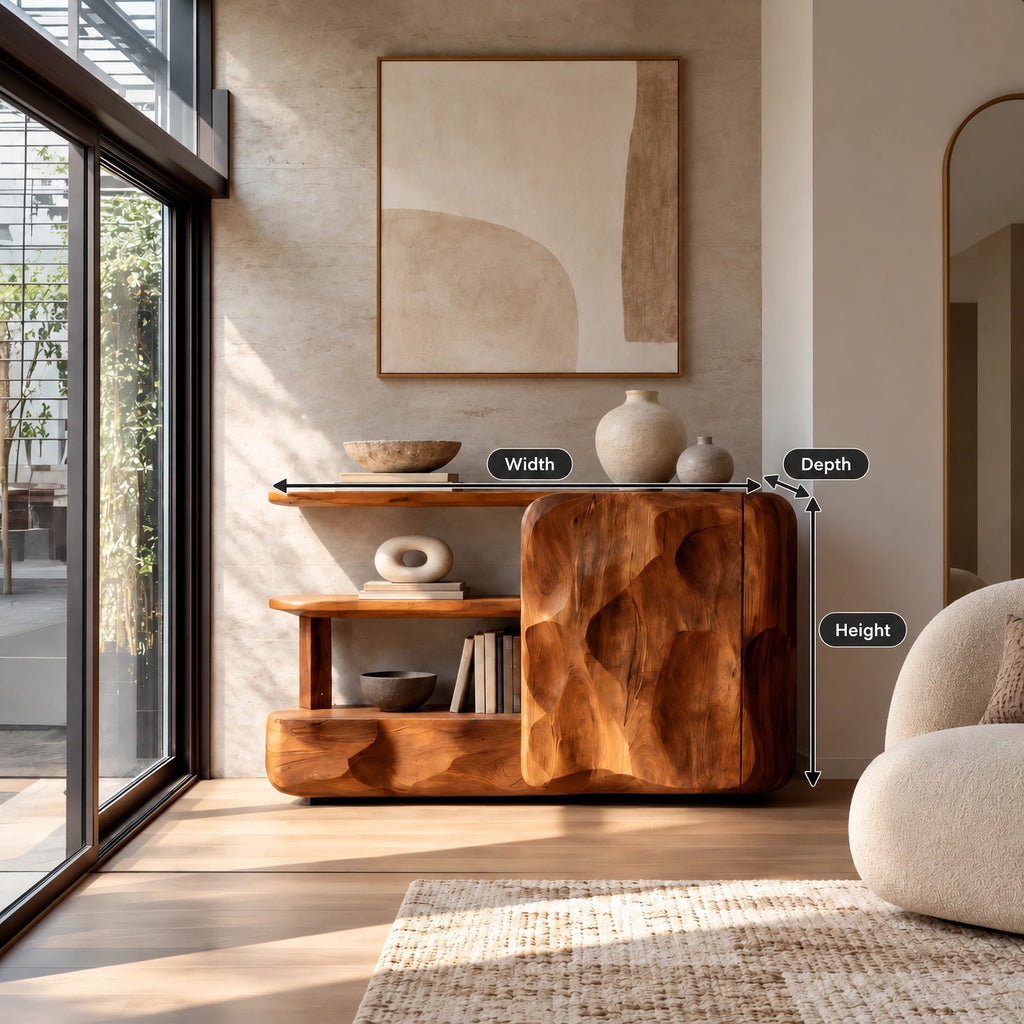 Organic Wood Sideboard With Sculptural Door And Open Shelf For Living Room