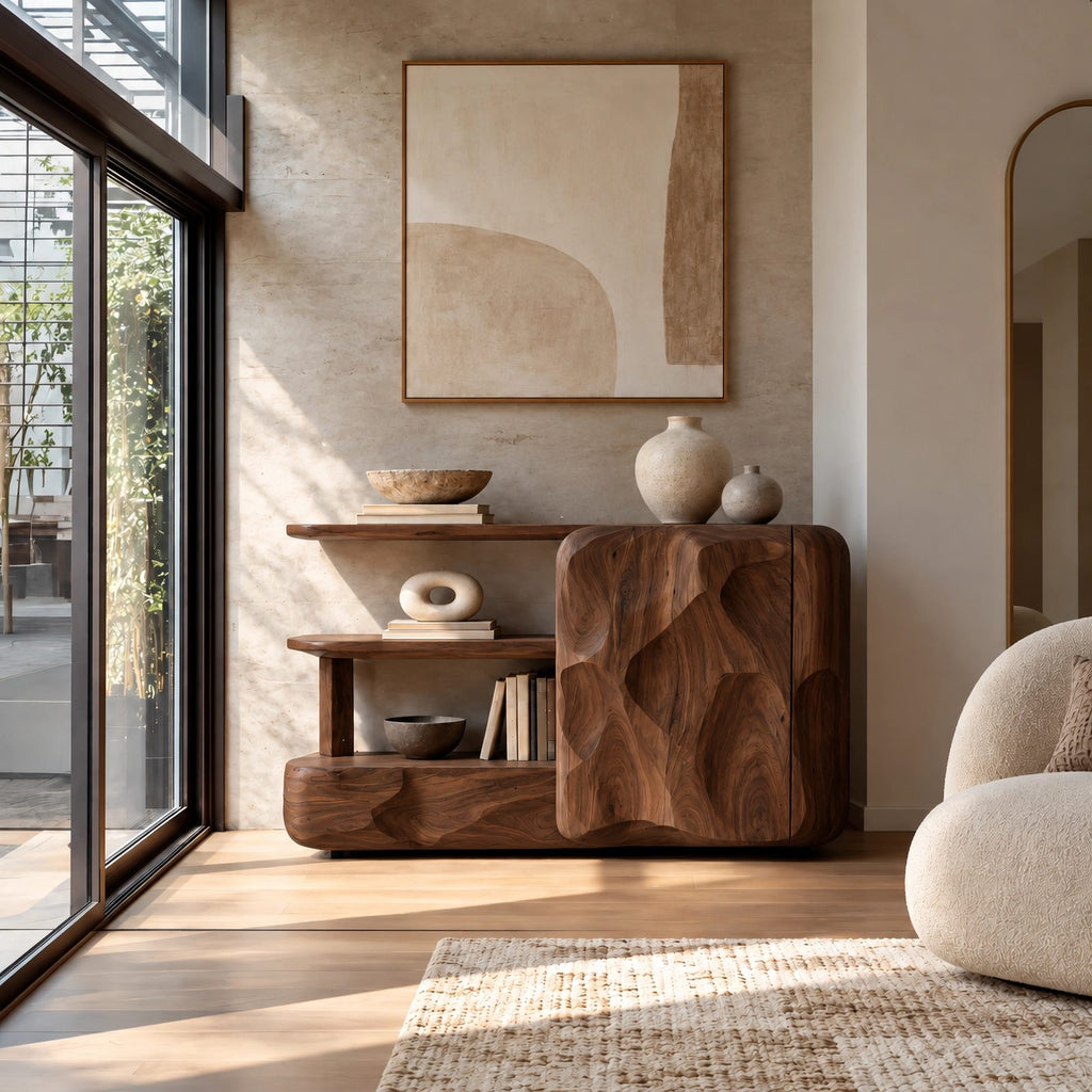 Organic Wood Sideboard With Sculptural Door And Open Shelf For Living Room