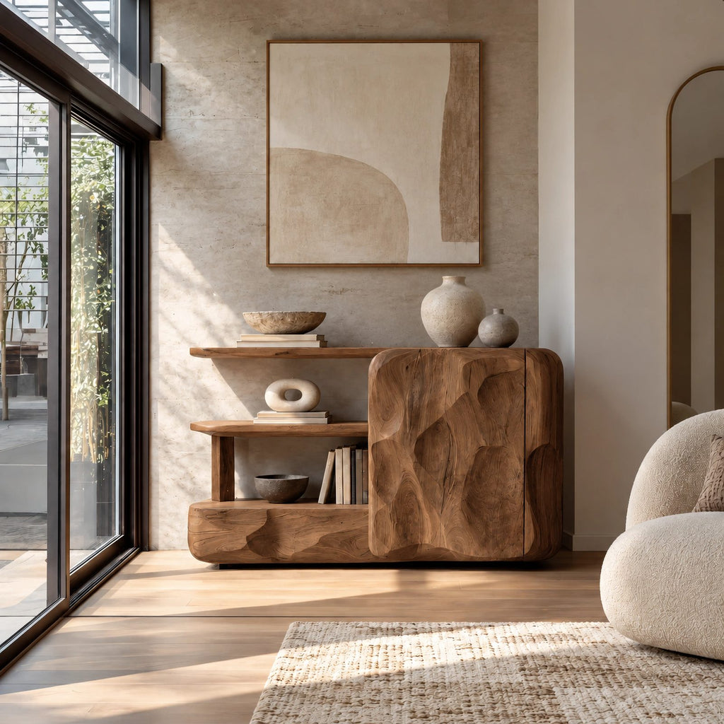 Organic Wood Sideboard With Sculptural Door And Open Shelf For Living Room