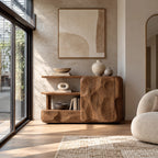 Organic Wood Sideboard With Sculptural Door And Open Shelf For Living Room