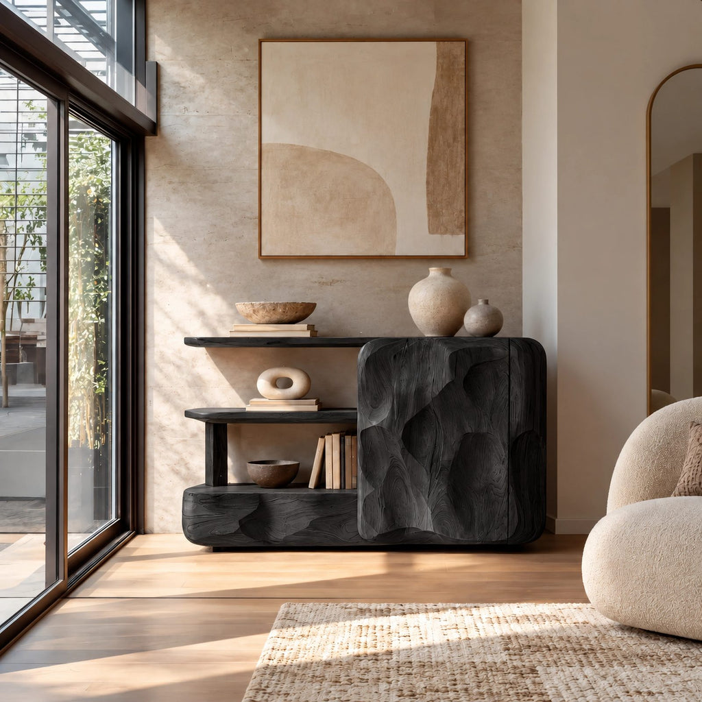 Organic Wood Sideboard With Sculptural Door And Open Shelf For Living Room