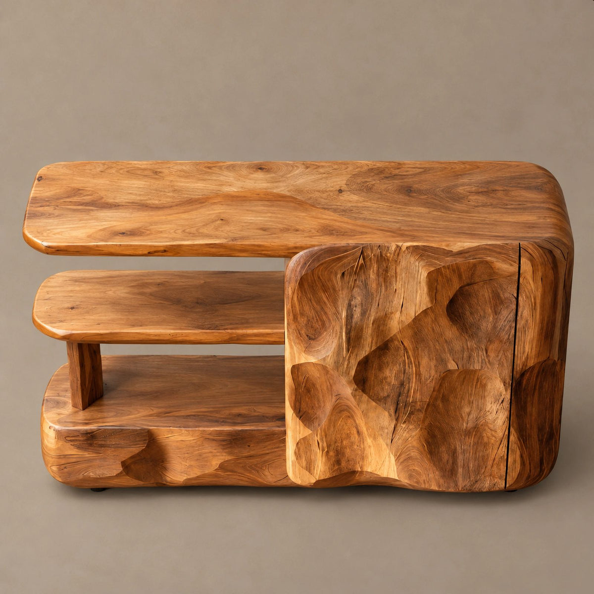 Organic Wood Sideboard With Sculptural Door And Open Shelf For Living Room