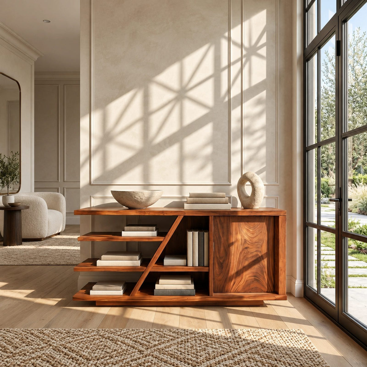 Live Edge Wood Sideboard With Open Shelf And Angled Leg For Entryway
