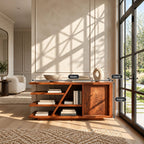 Live Edge Wood Sideboard With Open Shelf And Angled Leg For Entryway