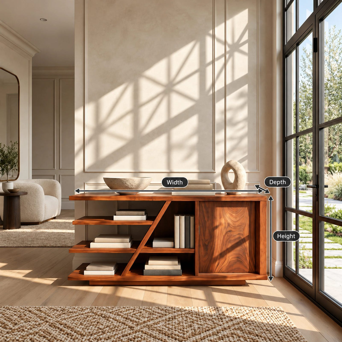 Live Edge Wood Sideboard With Open Shelf And Angled Leg For Entryway